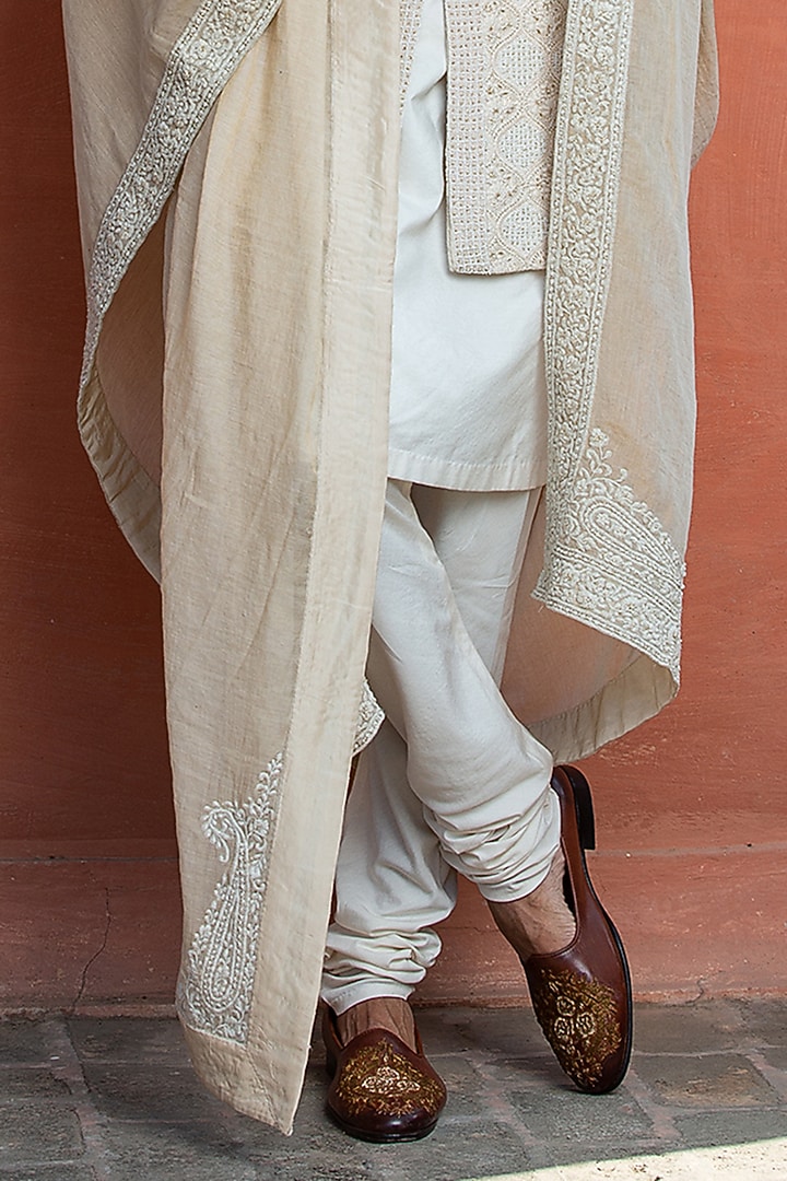 Beige Monga Silk Embroidered Groom Sherwani Set by NITIKA GUJRAL MEN at Pernia's Pop Up Shop