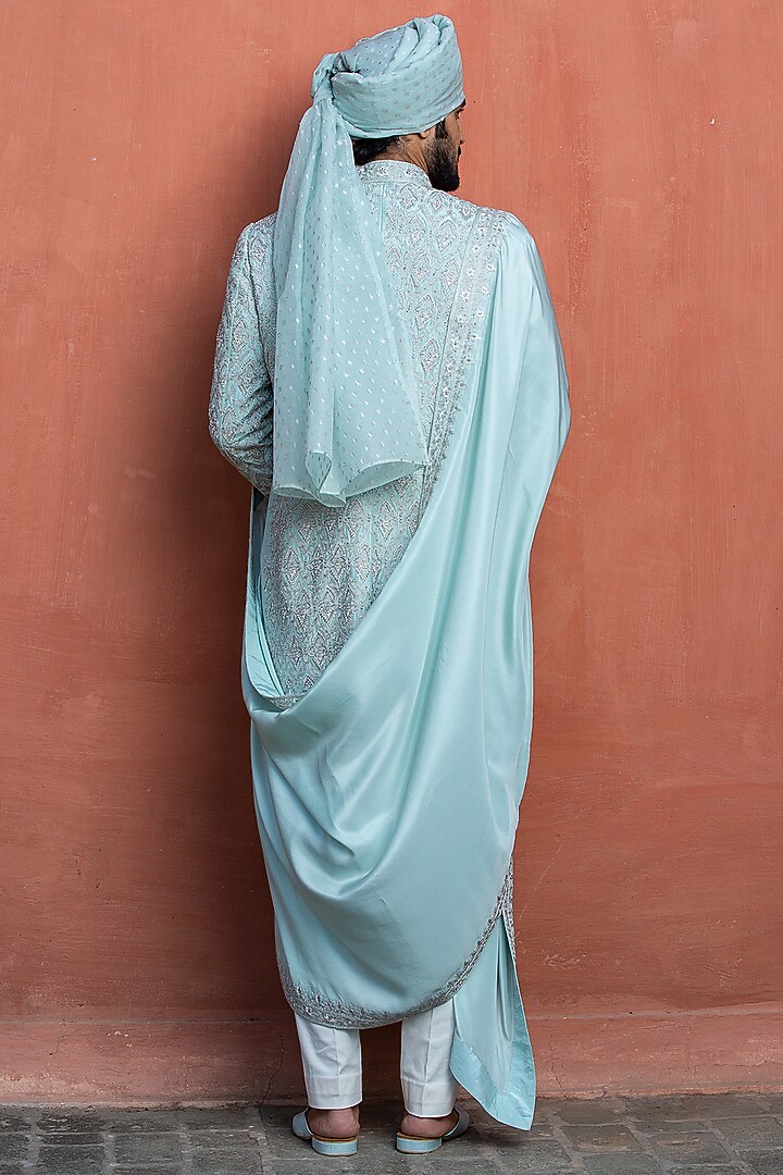 Aqua Blue Dupion Silk Embroidered Groom Sherwani Set by NITIKA GUJRAL MEN at Pernia's Pop Up Shop