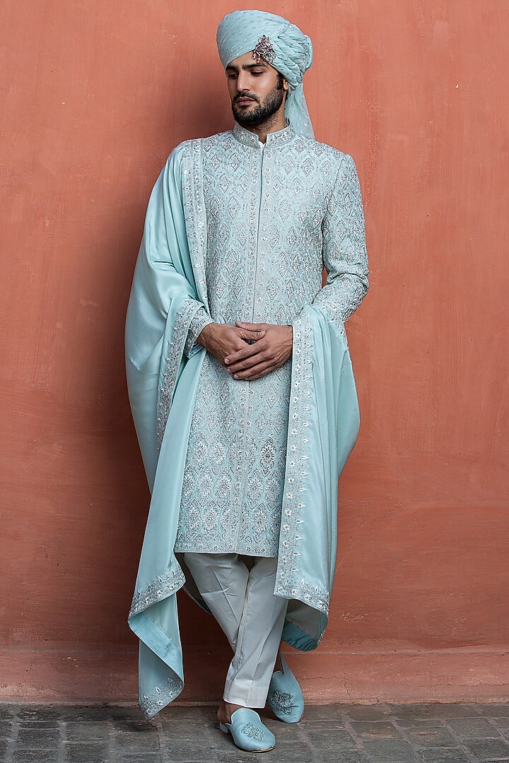 Aqua Blue Dupion Silk Embroidered Groom Sherwani Set by NITIKA GUJRAL MEN at Pernia's Pop Up Shop