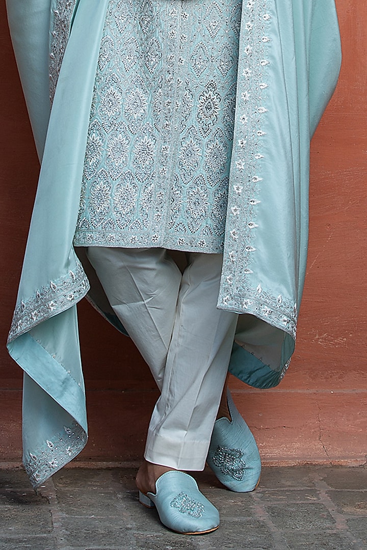 Aqua Blue Dupion Silk Embroidered Groom Sherwani Set by NITIKA GUJRAL MEN at Pernia's Pop Up Shop