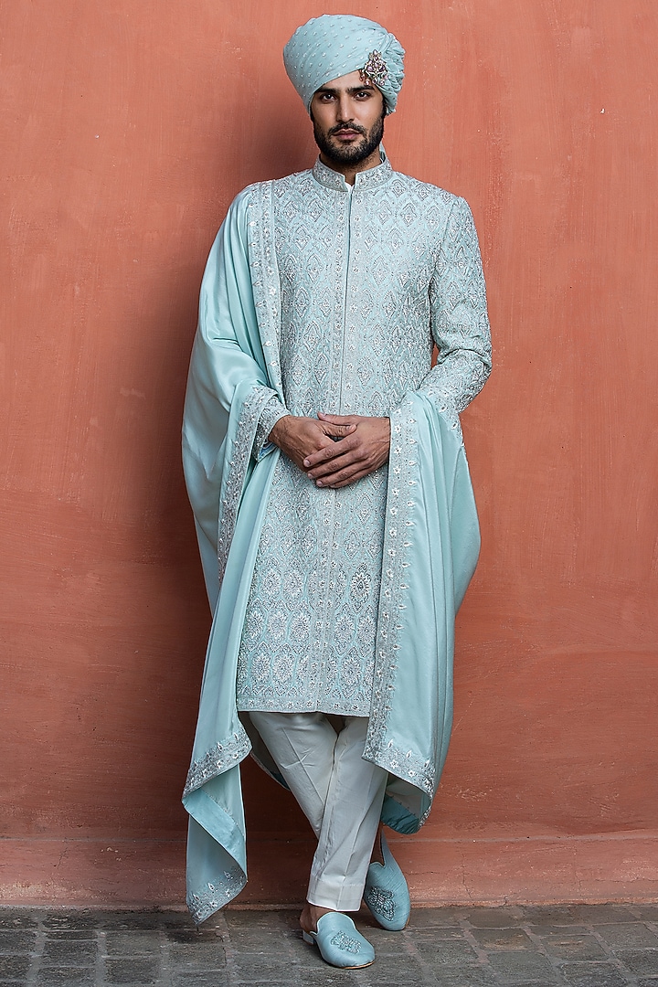 Aqua Blue Dupion Silk Embroidered Groom Sherwani Set by NITIKA GUJRAL MEN at Pernia's Pop Up Shop