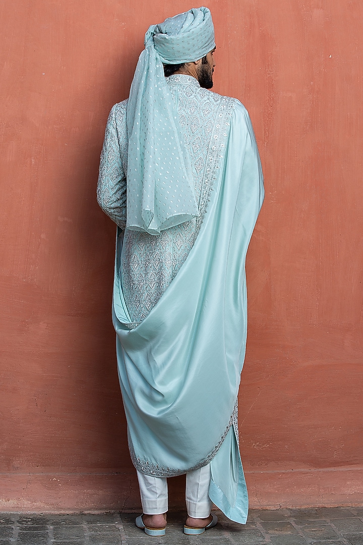 Aqua Blue Dupion Silk Embroidered Groom Sherwani Set by NITIKA GUJRAL MEN at Pernia's Pop Up Shop