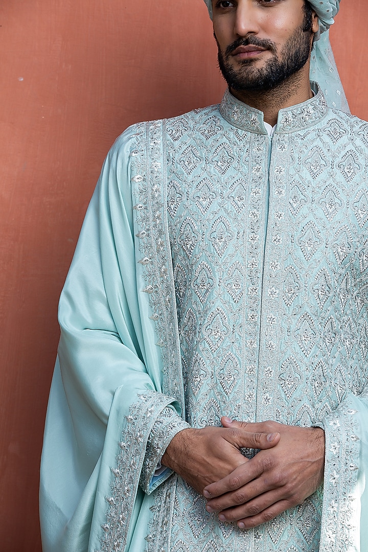 Aqua Blue Dupion Silk Embroidered Groom Sherwani Set by NITIKA GUJRAL MEN at Pernia's Pop Up Shop