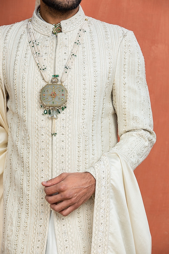 Cream Matka Silk Resham & Dabka Embroidered Groom Sherwani Set by NITIKA GUJRAL MEN at Pernia's Pop Up Shop