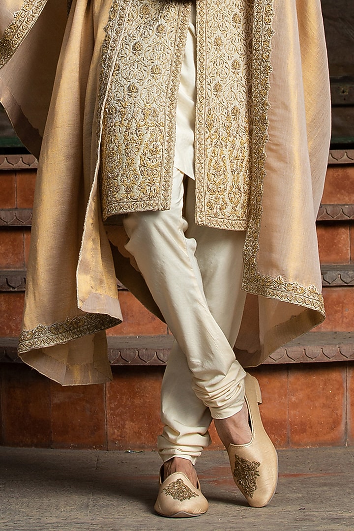 Beige Munga Tussar Zari & Bead Embroidered Groom Sherwani Set by NITIKA GUJRAL MEN at Pernia's Pop Up Shop