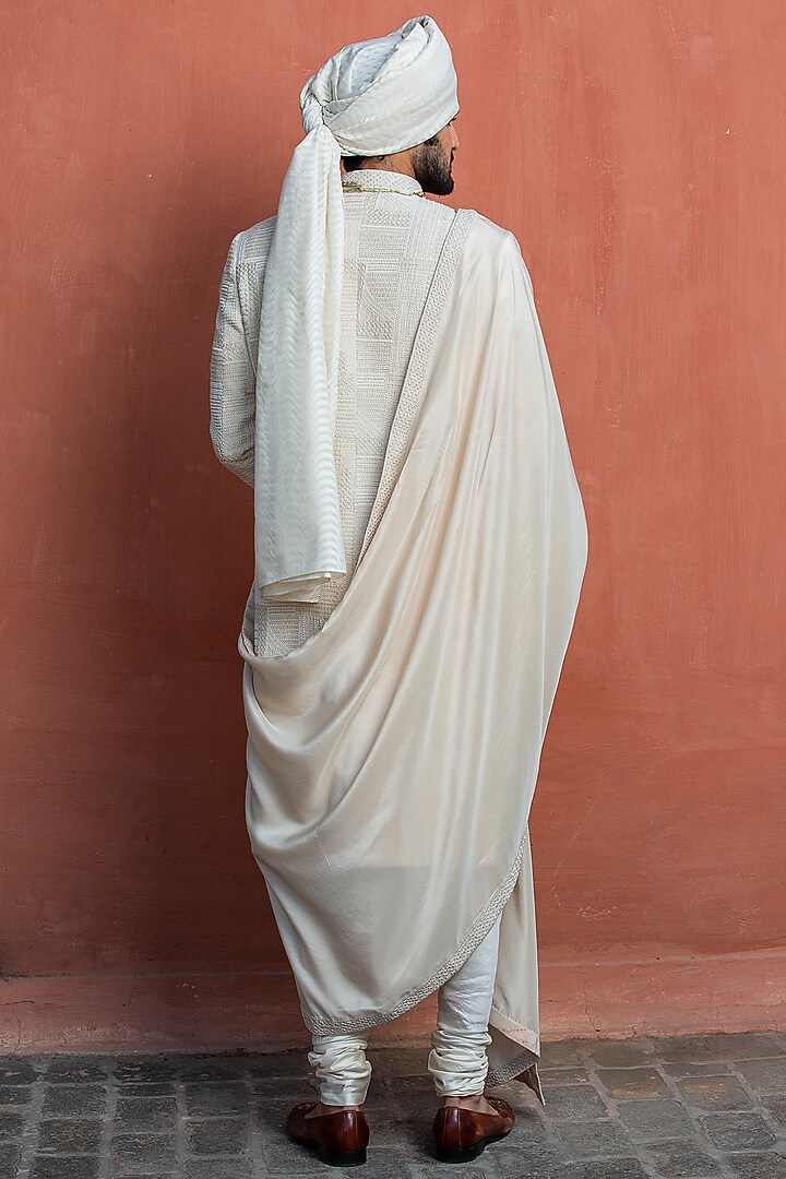 Ivory Moonga Silk Embroidered Groom Sherwani Set by NITIKA GUJRAL MEN at Pernia's Pop Up Shop
