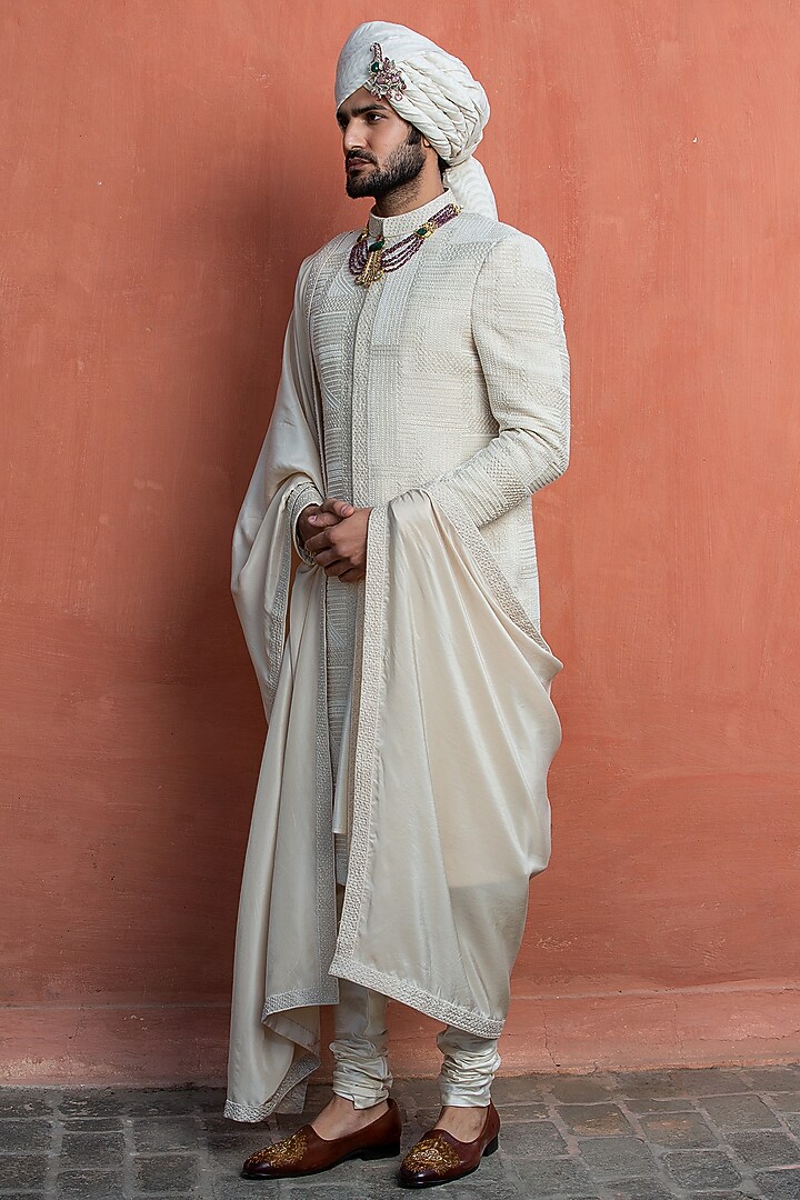 Ivory Moonga Silk Embroidered Groom Sherwani Set by NITIKA GUJRAL MEN at Pernia's Pop Up Shop