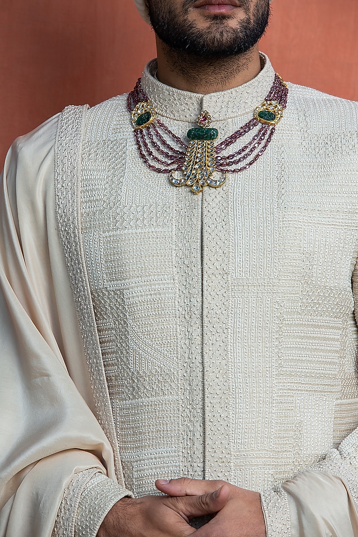 Ivory Moonga Silk Embroidered Groom Sherwani Set by NITIKA GUJRAL MEN at Pernia's Pop Up Shop