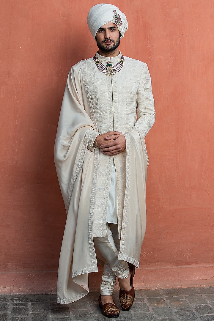 Ivory Moonga Silk Embroidered Sherwani Set by NITIKA GUJRAL MEN