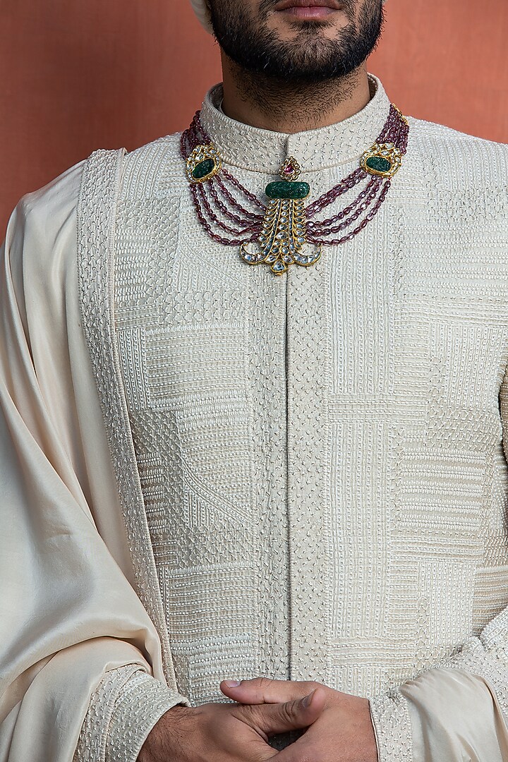 Ivory Moonga Silk Embroidered Groom Sherwani Set by NITIKA GUJRAL MEN at Pernia's Pop Up Shop