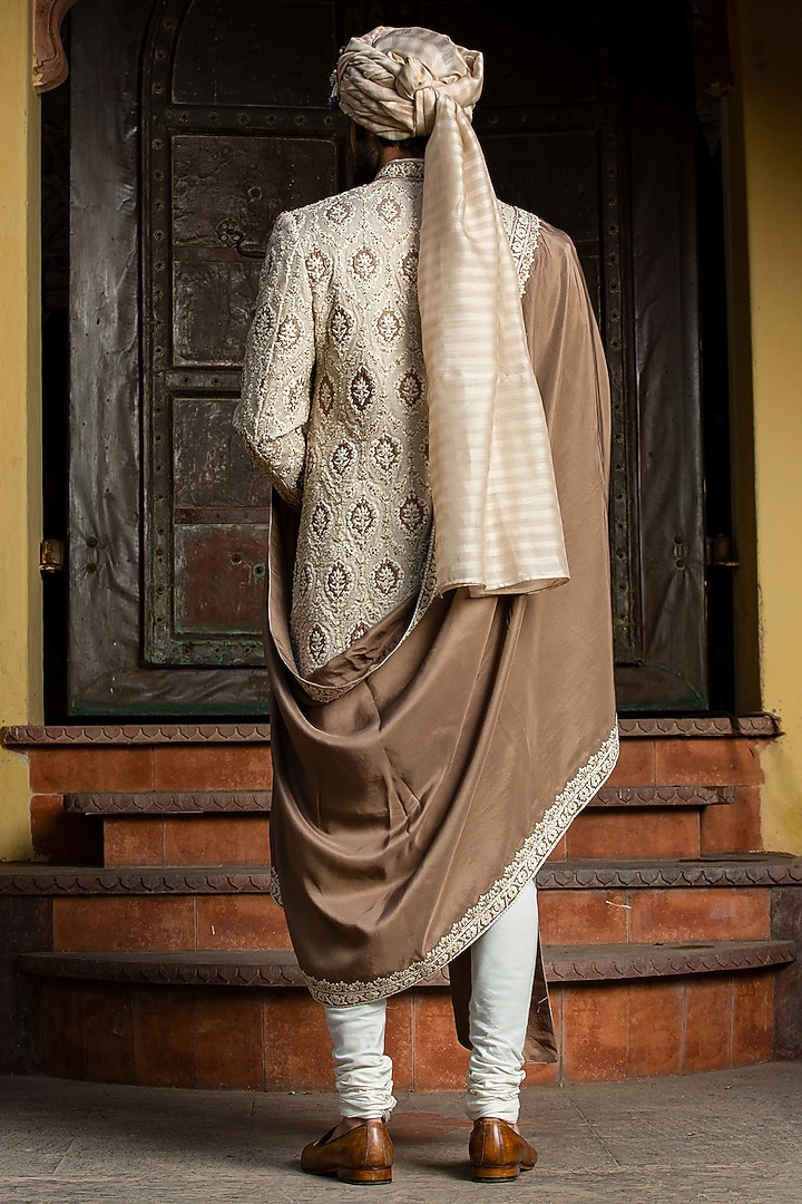 Beige Brown Raw Silk Patchwork Embroidered Groom Sherwani Set by NITIKA GUJRAL MEN at Pernia's Pop Up Shop