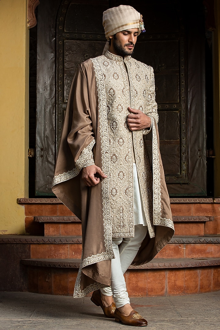 Beige Brown Raw Silk Patchwork Embroidered Groom Sherwani Set by NITIKA GUJRAL MEN at Pernia's Pop Up Shop