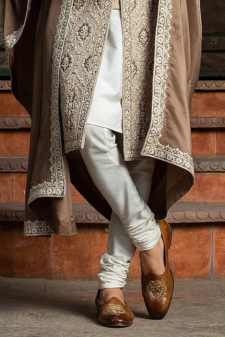 Beige Brown Raw Silk Patchwork Embroidered Groom Sherwani Set by NITIKA GUJRAL MEN at Pernia's Pop Up Shop