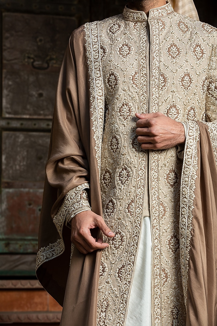 Beige Brown Raw Silk Patchwork Embroidered Groom Sherwani Set by NITIKA GUJRAL MEN at Pernia's Pop Up Shop