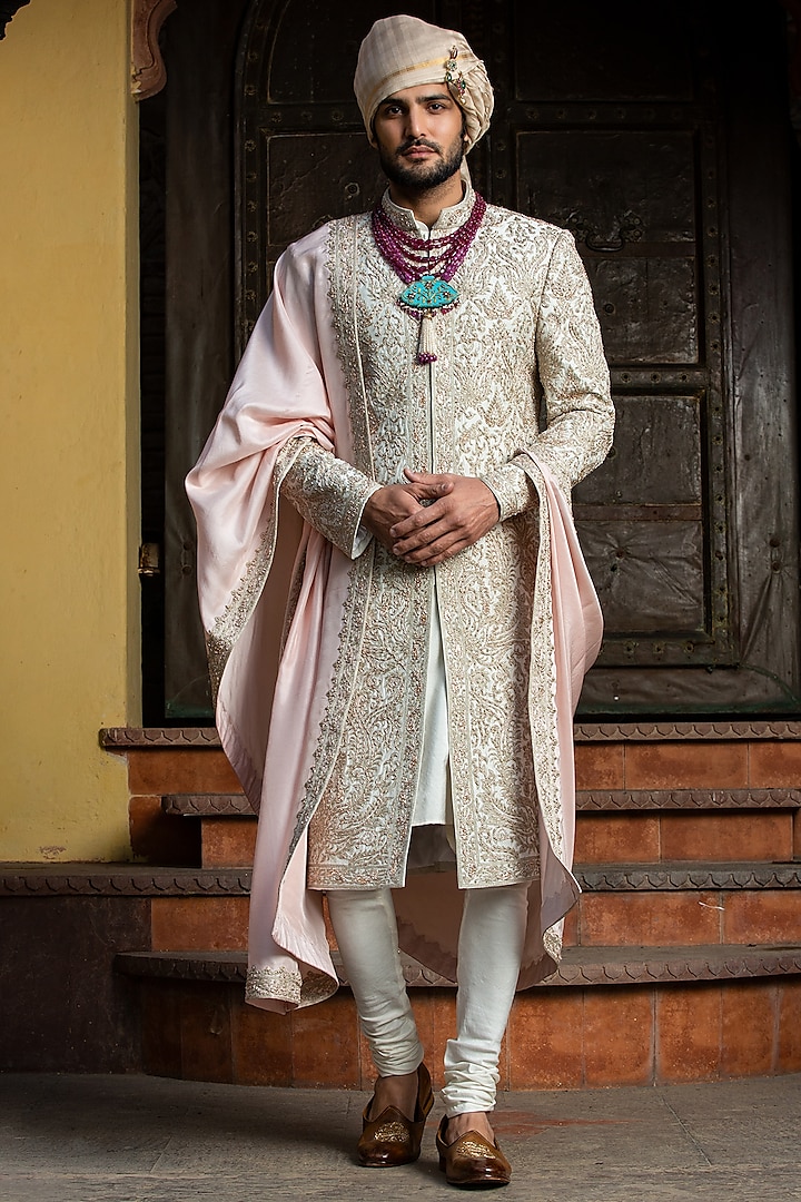 Ivory Taffeta Silk Embroidered Sherwani Set by NITIKA GUJRAL MEN