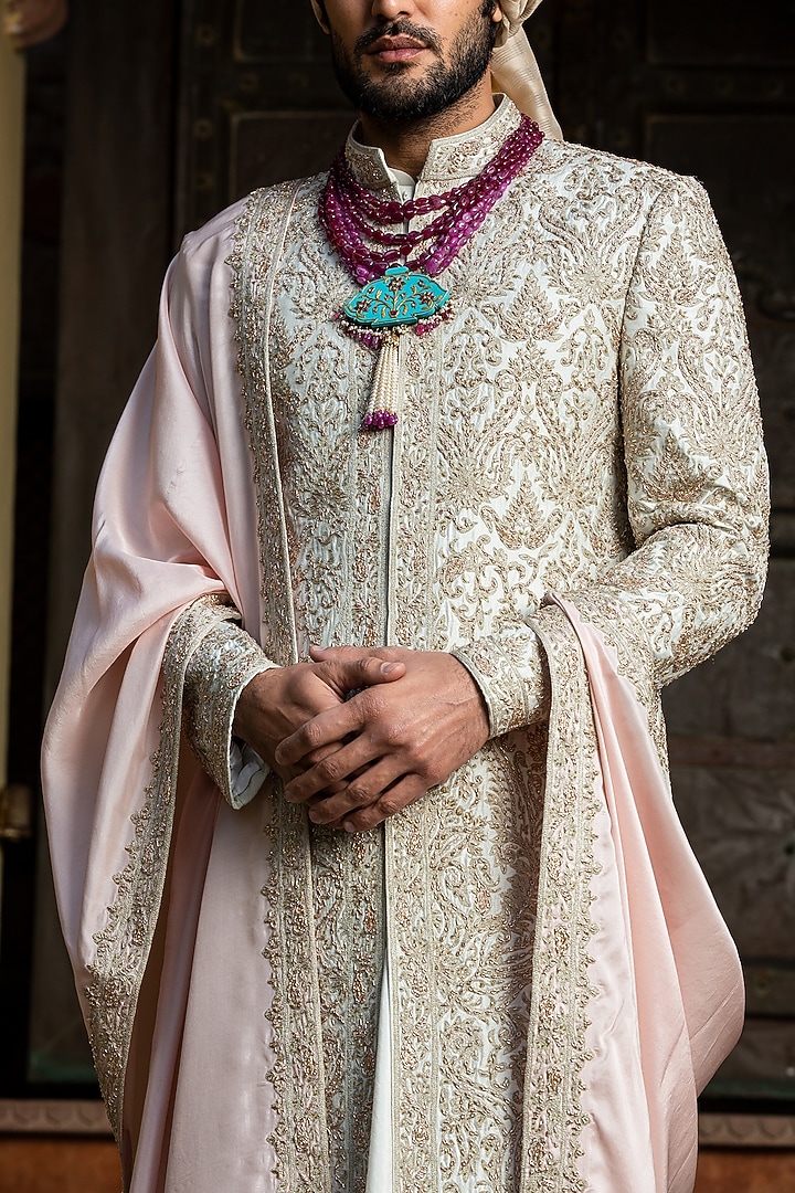 Ivory Taffeta Silk Embroidered Groom Sherwani Set by NITIKA GUJRAL MEN at Pernia's Pop Up Shop