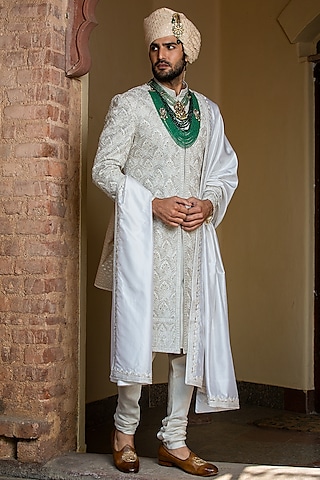 Ivory Taffeta Silk Embroidered Sherwani Set by NITIKA GUJRAL MEN