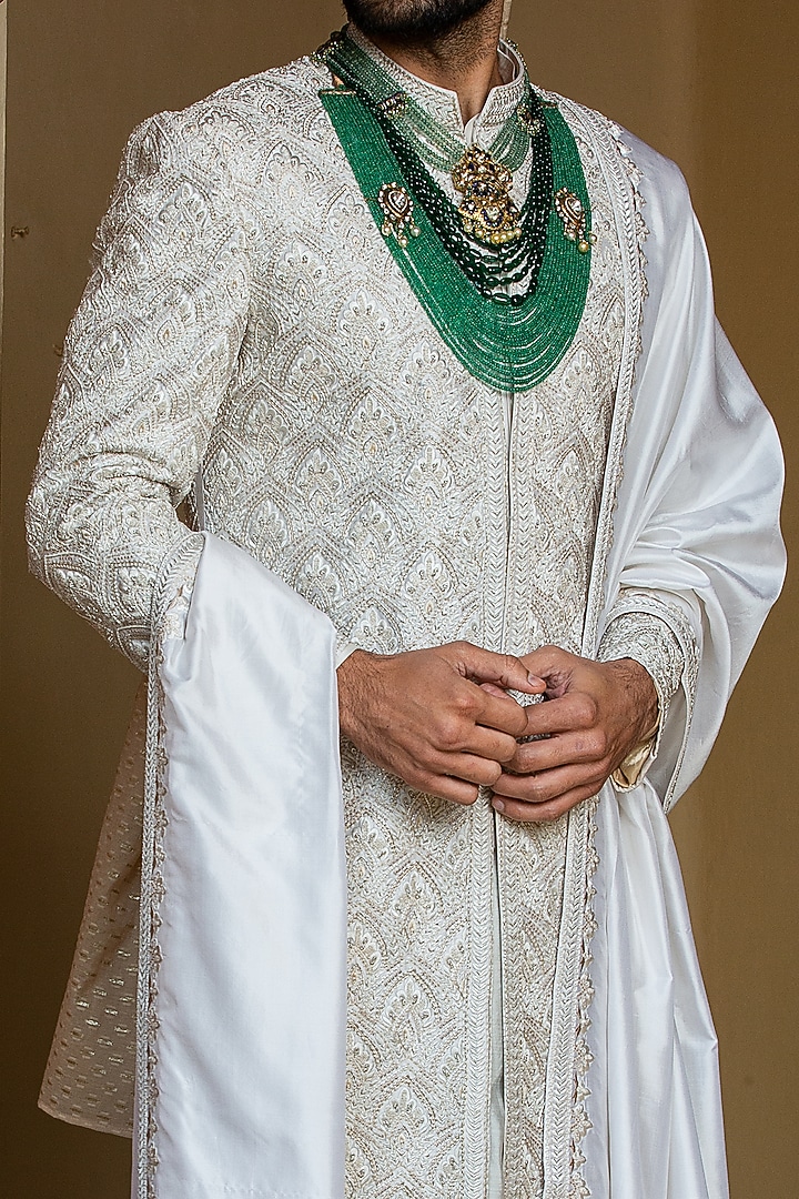 Ivory Taffeta Silk Embroidered Groom Sherwani Set by NITIKA GUJRAL MEN at Pernia's Pop Up Shop