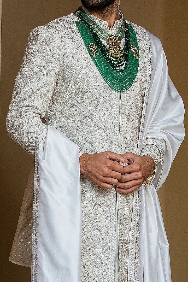 Ivory Taffeta Silk Embroidered Groom Sherwani Set by NITIKA GUJRAL MEN at Pernia's Pop Up Shop