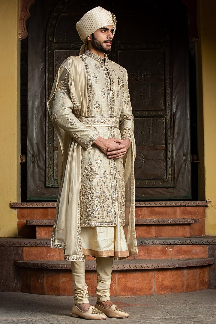 Gold Twill Matka Embroidered Groom Sherwani Set by NITIKA GUJRAL MEN at Pernia's Pop Up Shop