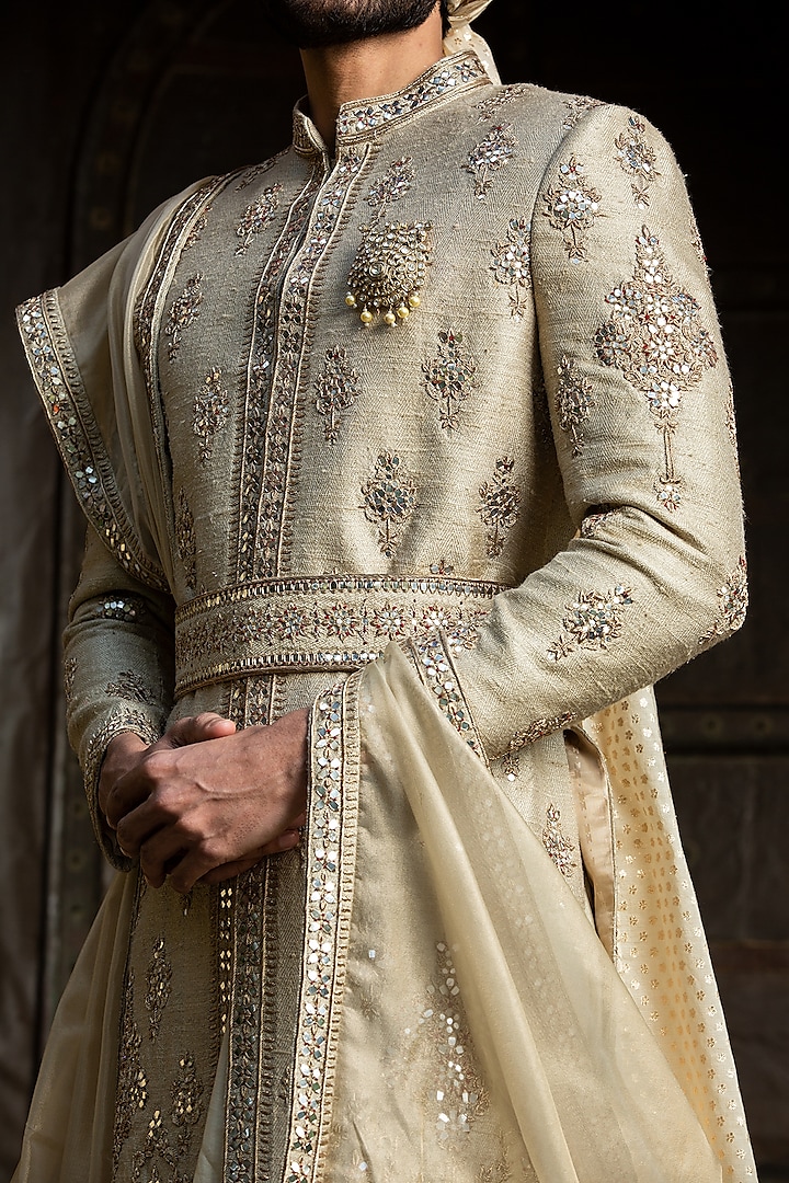 Gold Twill Matka MIrror Embroidered Groom Sherwani Set by NITIKA GUJRAL MEN at Pernia's Pop Up Shop