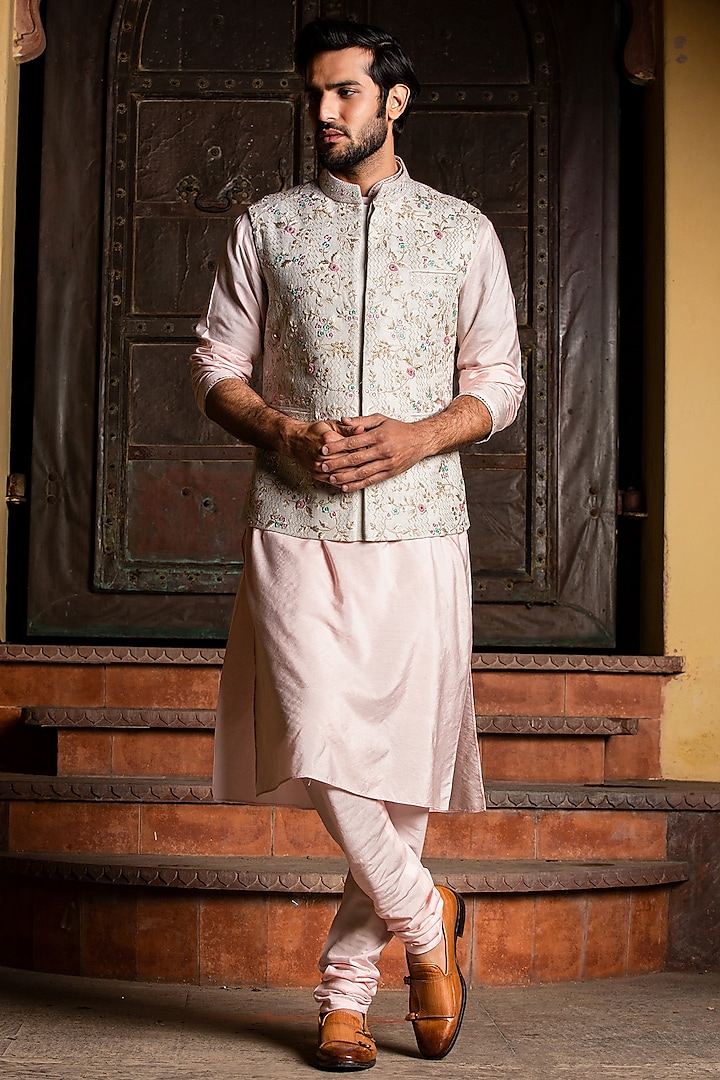 Cream Matka Silk Embroidered Jacket With Kurta Set by NITIKA GUJRAL MEN