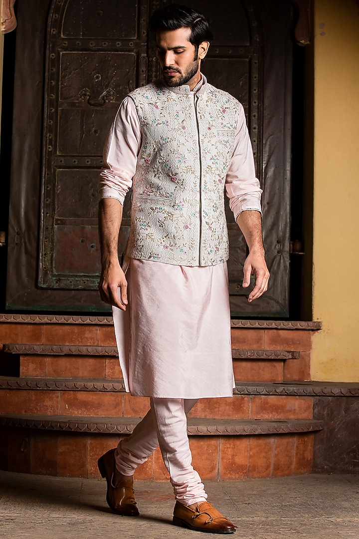 Cream Matka Embroidered Jacket  with Mint Green Kurta & Pants main image 0