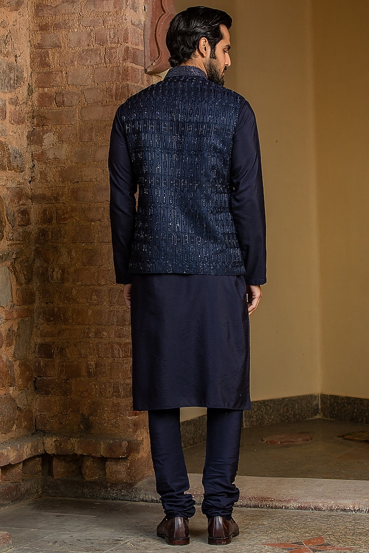 Navy Blue Raw Silk Bead Embroidered Bundi Jacket Set by NITIKA GUJRAL MEN at Pernia's Pop Up Shop