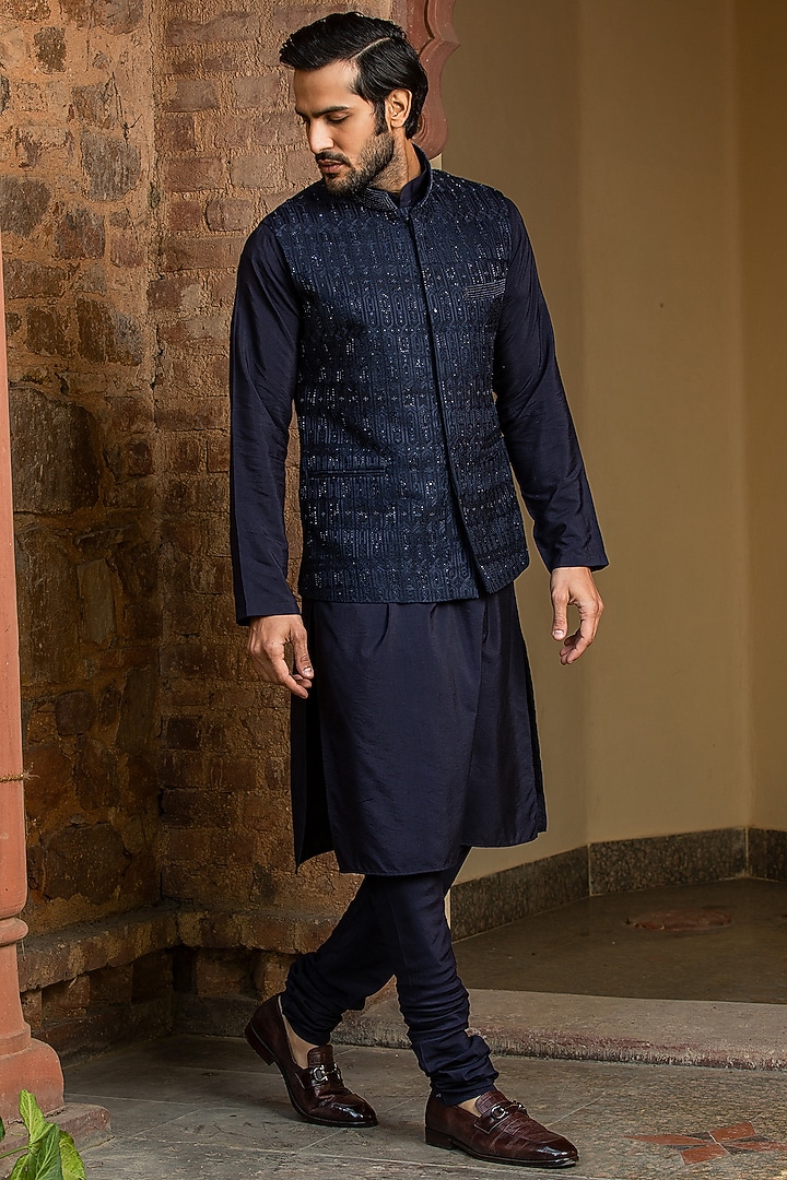 Navy Blue Raw Silk Bead Embroidered Bundi Jacket Set by NITIKA GUJRAL MEN at Pernia's Pop Up Shop