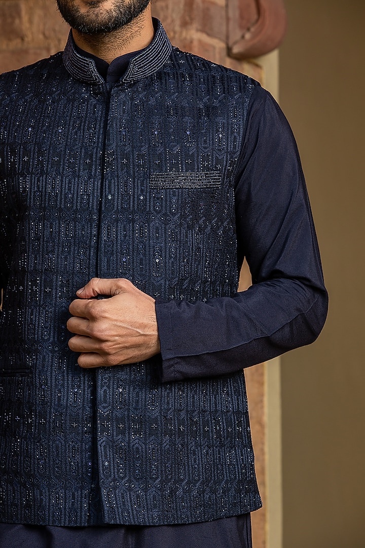 Navy Blue Raw Silk Bead Embroidered Bundi Jacket Set by NITIKA GUJRAL MEN at Pernia's Pop Up Shop