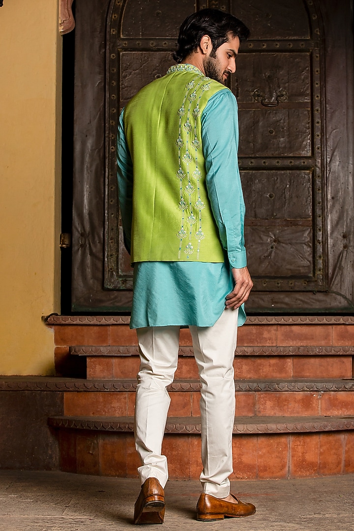 Lime Raw Silk Resham & Mirror Embroidered Bundi Jacket Set by NITIKA GUJRAL MEN at Pernia's Pop Up Shop