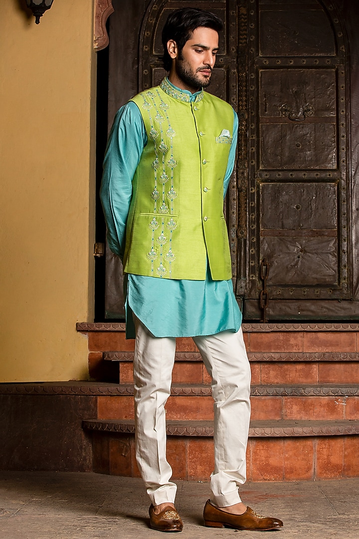 Lime Raw Silk Resham & Mirror Embroidered Bundi Jacket Set by NITIKA GUJRAL MEN at Pernia's Pop Up Shop