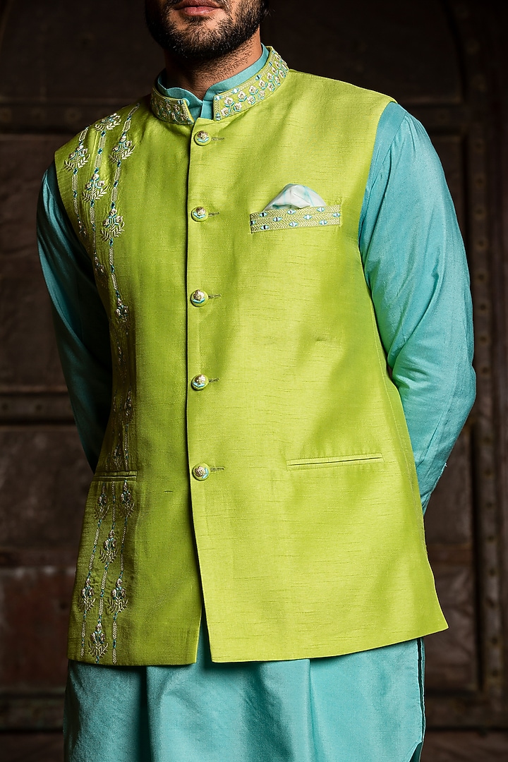 Lime Raw Silk Resham & Mirror Embroidered Bundi Jacket Set by NITIKA GUJRAL MEN at Pernia's Pop Up Shop