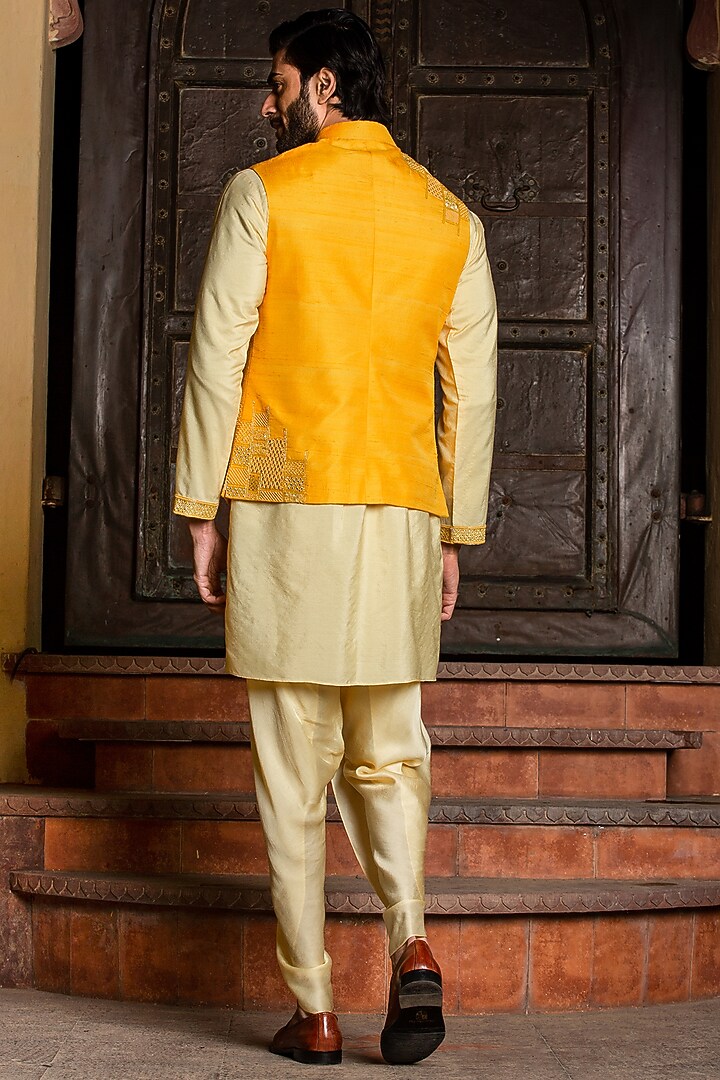 Yellow Raw Silk Resham & Bead Embroidered Jacket Set by NITIKA GUJRAL MEN at Pernia's Pop Up Shop