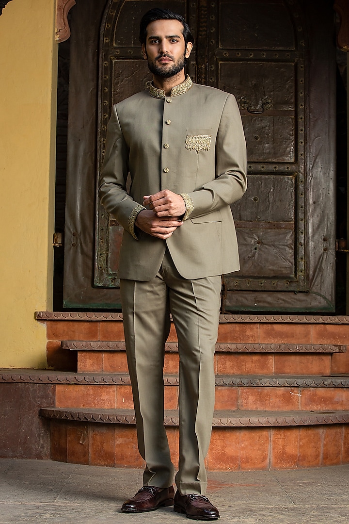 Olive Green Woolen Suiting Embroidered Jodhpuri Set by NITIKA GUJRAL MEN