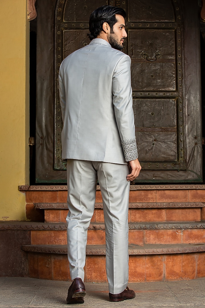 Silver Grey Woollen Suiting Embroidered Jodhpuri Set by NITIKA GUJRAL MEN at Pernia's Pop Up Shop