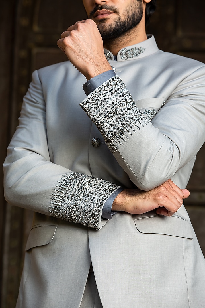 Silver Grey Woollen Suiting Embroidered Jodhpuri Set by NITIKA GUJRAL MEN at Pernia's Pop Up Shop
