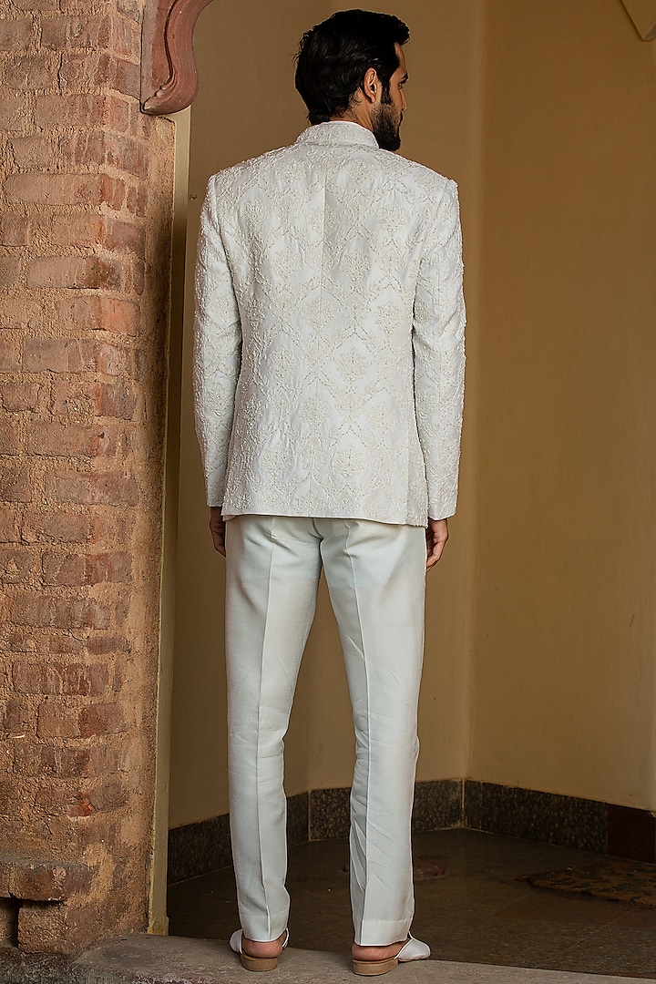 Ivory Raw Silk Embroidered Wedding Indowestern Set by NITIKA GUJRAL MEN at Pernia's Pop Up Shop
