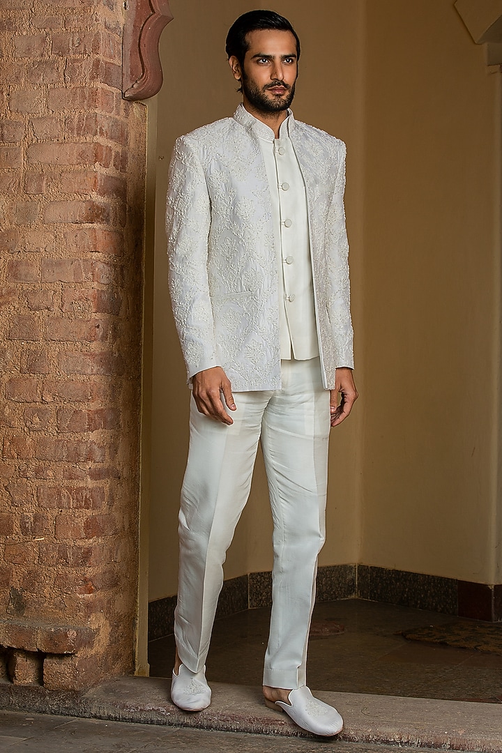 Ivory Raw Silk Embroidered Wedding Indowestern Set by NITIKA GUJRAL MEN at Pernia's Pop Up Shop