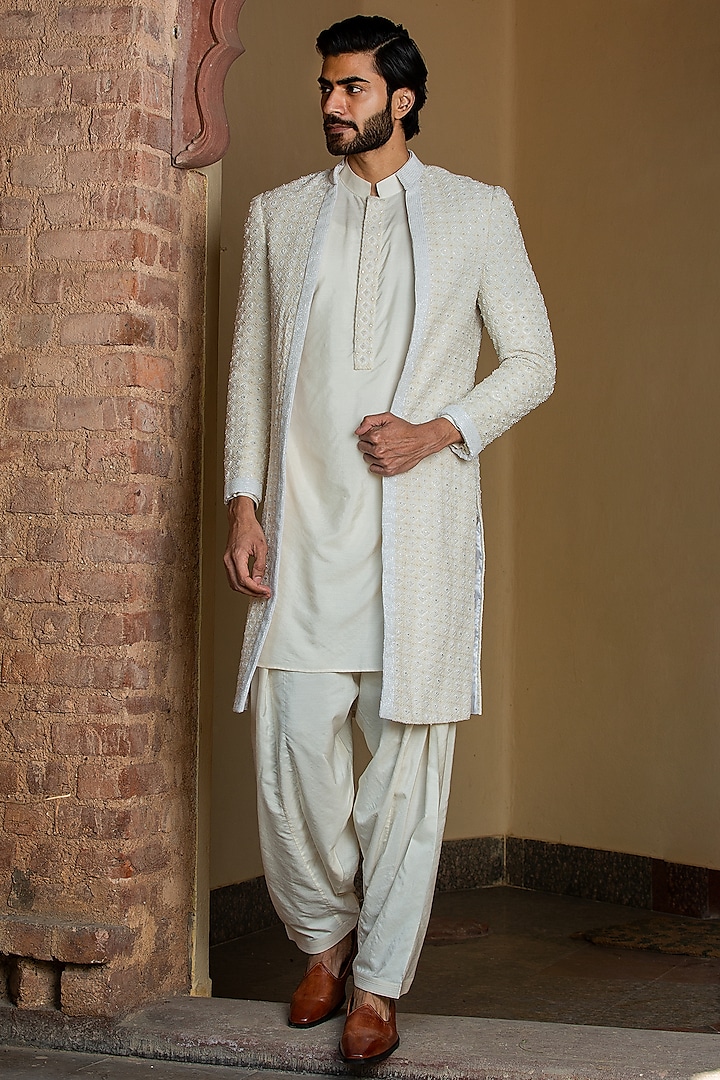 Ivory Georgette Embroidered Jacket With Kurta Set by NITIKA GUJRAL MEN
