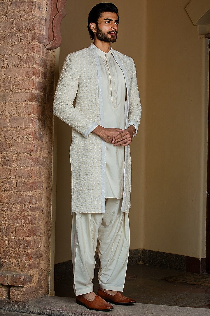 Ivory Georgette Bead Embroidered Groom Indowestern Set by NITIKA GUJRAL MEN at Pernia's Pop Up Shop