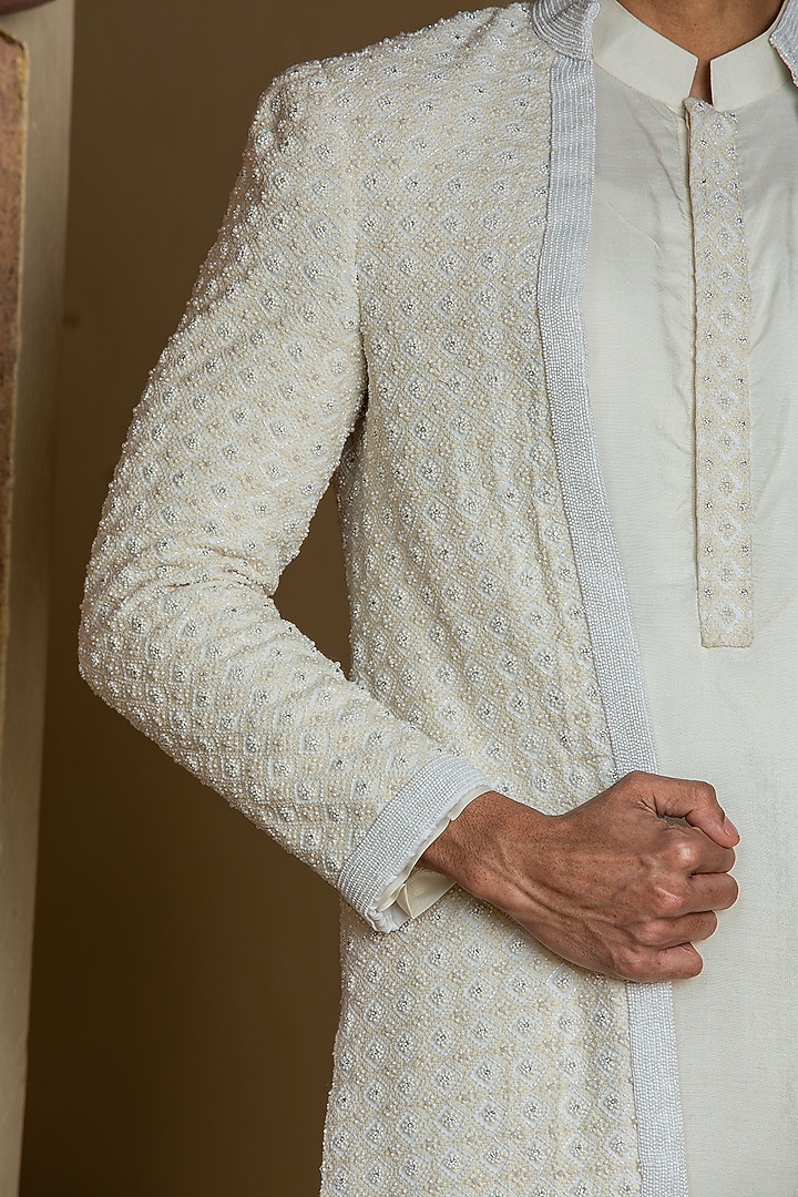 Ivory Georgette Bead Embroidered Groom Indowestern Set by NITIKA GUJRAL MEN at Pernia's Pop Up Shop