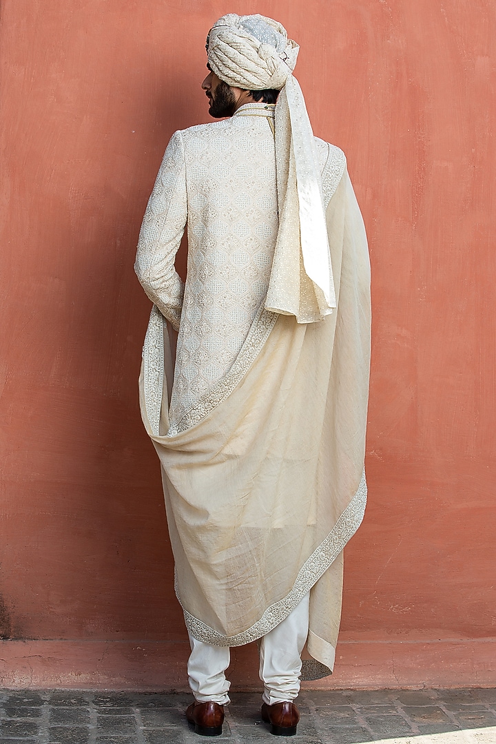 Beige Monga Silk Dabka Embroidered Groom Sherwani Set by NITIKA GUJRAL MEN at Pernia's Pop Up Shop