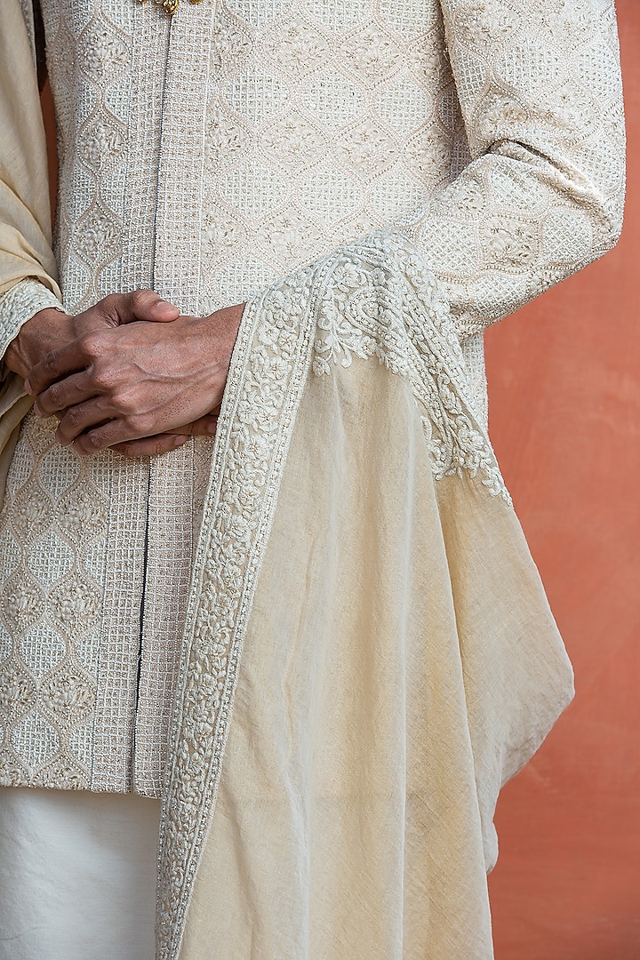Beige Monga Silk Dabka Embroidered Groom Sherwani Set by NITIKA GUJRAL MEN at Pernia's Pop Up Shop