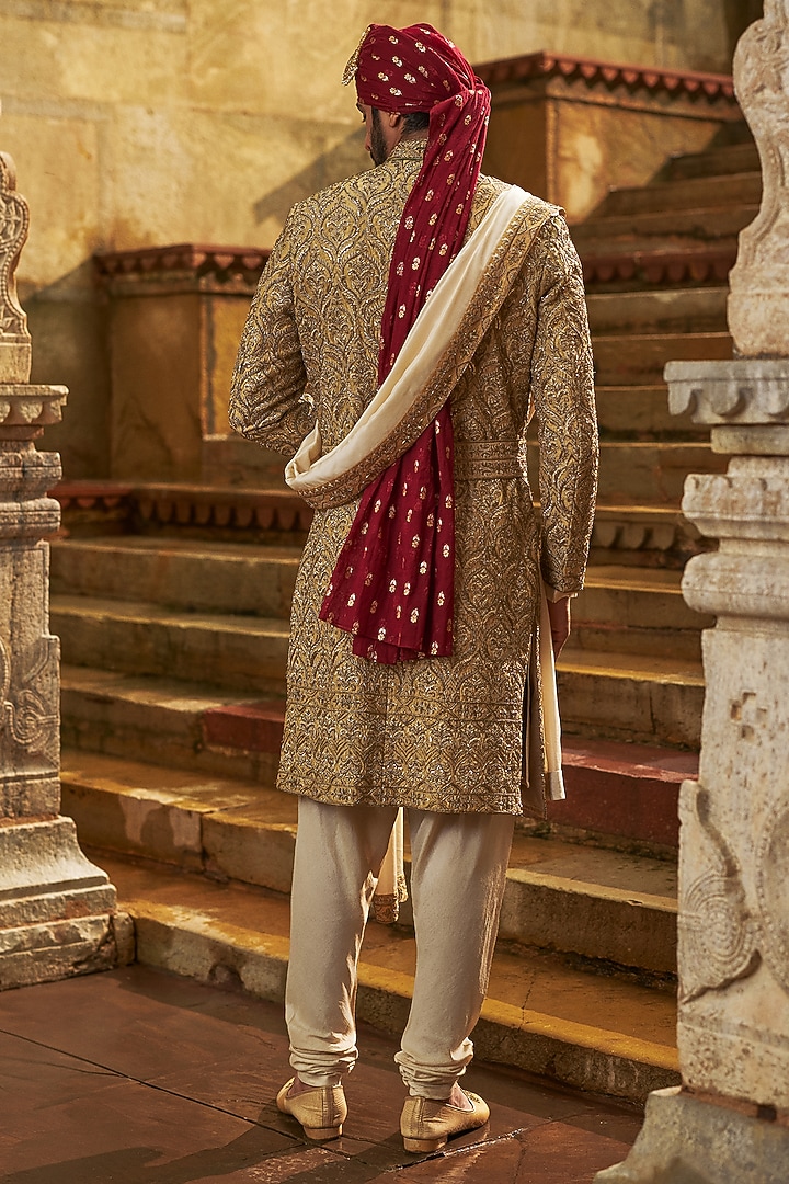 Gold Dupion Silk Cutdana Embroidered Groom Sherwani Set by NITIKA GUJRAL MEN at Pernia's Pop Up Shop