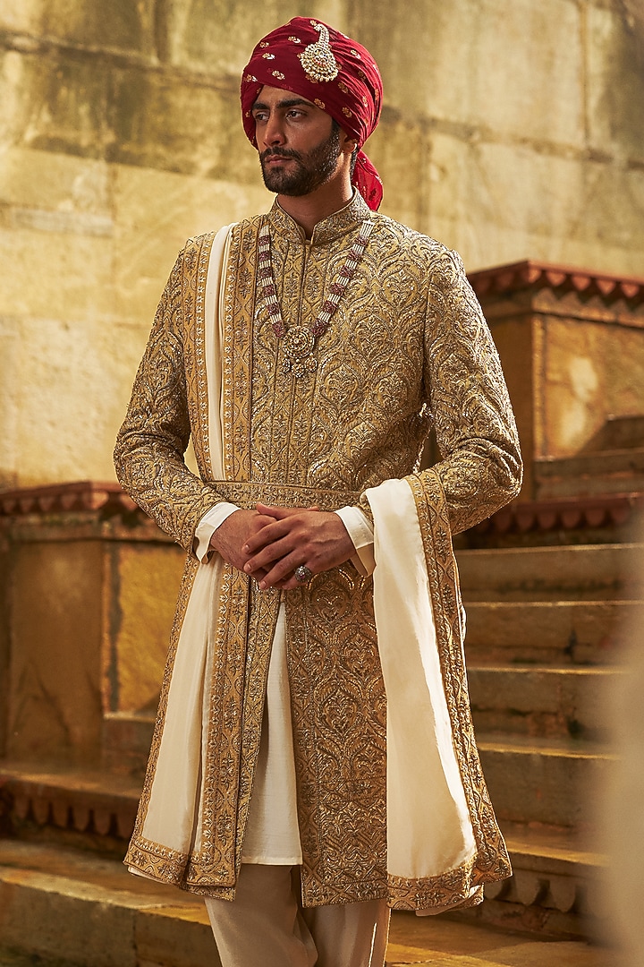 Gold Dupion Silk Cutdana Embroidered Groom Sherwani Set by NITIKA GUJRAL MEN at Pernia's Pop Up Shop