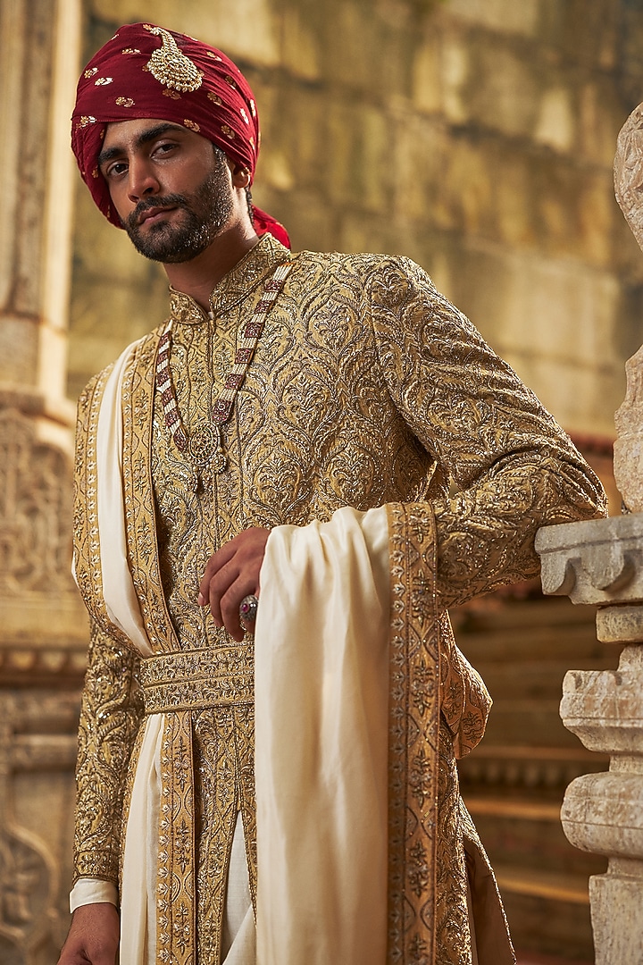 Gold Dupion Silk Cutdana Embroidered Groom Sherwani Set by NITIKA GUJRAL MEN at Pernia's Pop Up Shop