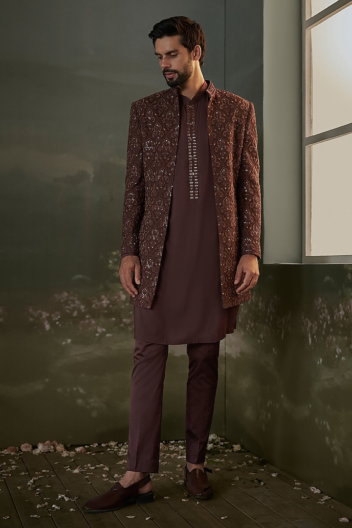 Chocolate Brown Raw Silk Embroidered Sherwani Set by NITIKA GUJRAL MEN at Pernia's Pop Up Shop