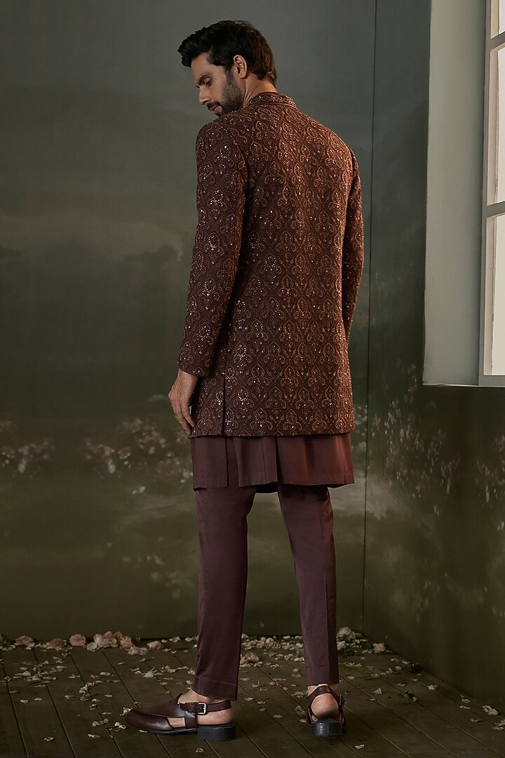 Chocolate Brown Raw Silk Embroidered Sherwani Set by NITIKA GUJRAL MEN at Pernia's Pop Up Shop