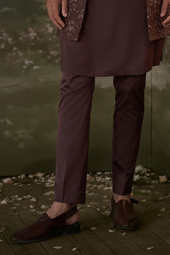 Chocolate Brown Raw Silk Embroidered Sherwani Set by NITIKA GUJRAL MEN at Pernia's Pop Up Shop